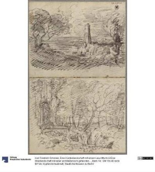 Eine Küstenlandschaft mit einem Leuchtturm & Eine Waldlandschaft mit einer architektonisch gefassten Quelle und einem Wasserfall