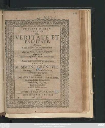 Disputatio Metaphysica De Veritate Et Falsitate