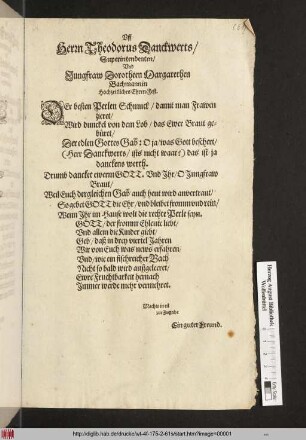 Uff Herrn Theodorus Danckwerts Superintendenten/ Vnd Jungfraw Dorotheen Margarethen Bachmannin Hochzeitliches Ehren-Fest