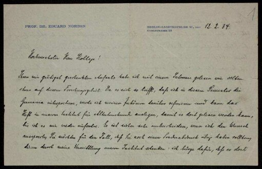 Brief von Eduard Norden an Edward Schröder, Berlin, 12.2.1934