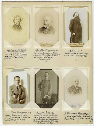 6 Porträts von Mitgliedern der naturwissenschaftlichen Vereinigung "Isis" in Dresden : 6 Porträts von Mitgliedern (Hartwig F. Reibisch, Albert Alexander Engelmann, Alexander Flamant, Karl Wanderer, Rudolf Schreiter und G. Hermann Baumeyer) der naturwissenschaftlichen Vereinigung "Isis" in Dresden