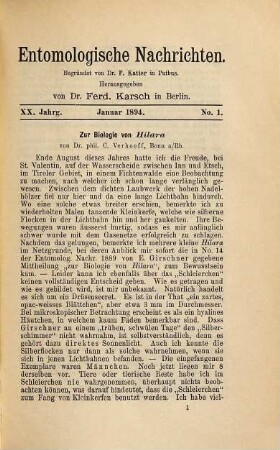 Entomologische Nachrichten. 20. 1894