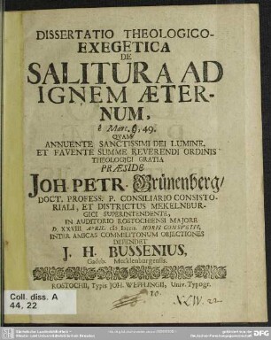 Dissertatio Theologico-Exegetica De Salitura Ad Ignem Aeternum, ê Marc. 6, 49