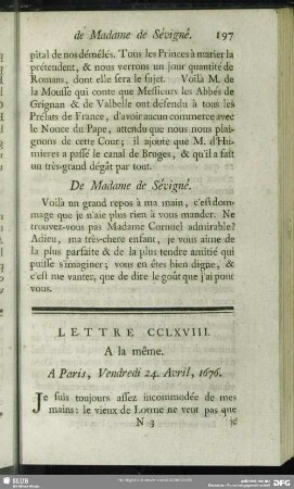 Lettre CCLXVIII. A la même. A PAris, Vendredi 24. Avril, 1676