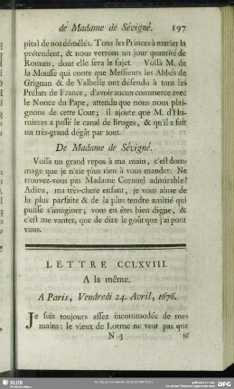 Lettre CCLXVIII. A la même. A PAris, Vendredi 24. Avril, 1676