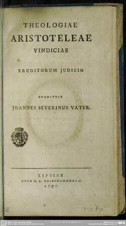 Theologiae Aristoteleae Vindicias Eruditorum Iudicio