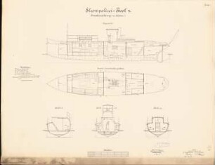 Strompolizei-Boot 2: Grundriss, Längsschnitt, Querschnitte 1:50