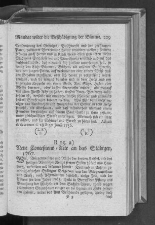 R 15. a) Neue Conceßions=Acte an das Städtgen, 1767.