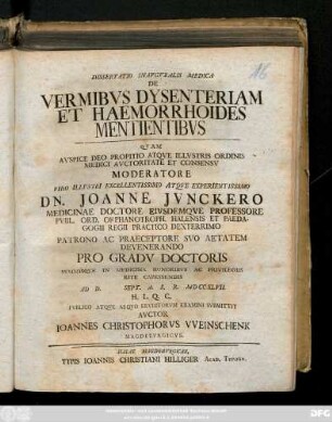 Dissertatio Inavgvralis Medica De Vermibvs Dysenteriam Et Haemorrhoides Mentientibvs