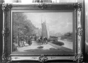Holländischer Blumenmarkt am Kai mit Last- und Segelschiffen