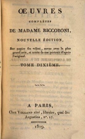 Oeuvres complètes de Madame Riccoboni. 10. Lettres d'Élisabeth Sophie de Vallière