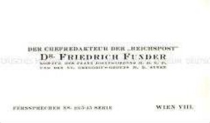 Visitenkarte des Journalisten Funder aus der Sammlung des Reichskanzlers Marx / Kategorie "Presse" - Sachkonvolut
