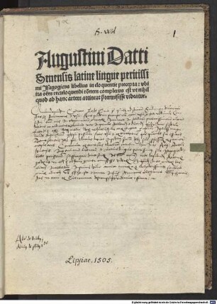 Augustini Datti ... Isagogicus libellus in eloquentiae praecepta