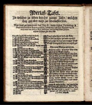 Aderlaß-Tafel. In welcher zu sehen durchs gantze Jahr/ welchen Tag gut oder nicht gut Aderlassen seye