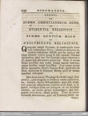 CXXXVI De Summo Christianorum Bono In Euidentia Religionis Ac Summo Gentium Malo In Obscuritate Religionis