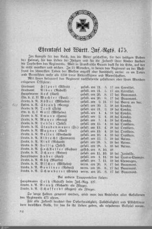 Ehrentafel des Württ. Inf.-Rgts. 475