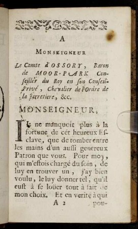 A Monseigneur Le Comte d'Ossory, Baron de Moor-Park [...]