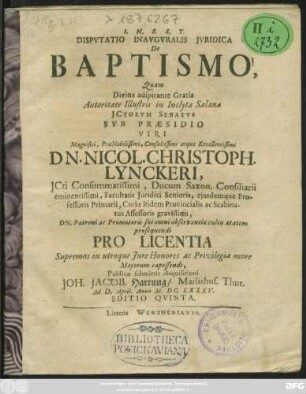 Disputatio Inauguralis Iuridica De Baptismo