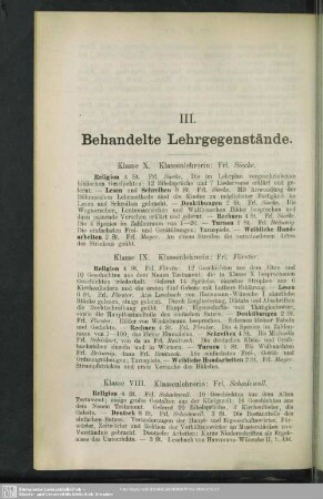 III. Behandelte Lehrgegenstände
