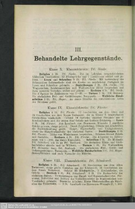 III. Behandelte Lehrgegenstände