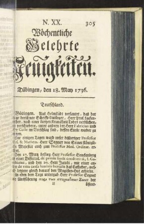 N. XX. Tübingen, den 18. May 1736