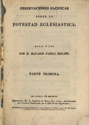 Observaciones pacificas sobre la potestad eclesiástica, 1