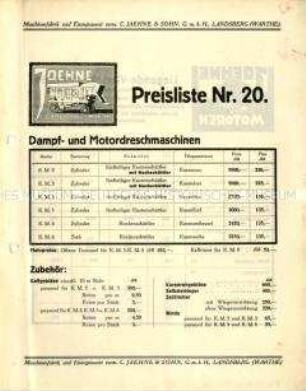 Preisliste über liegende Viertaktmotoren und Dampf-Motor-Dreschmaschinen