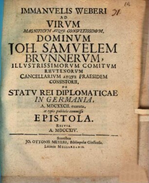 Ad J. S. Brunnerum ... de statu rei diplomaticae in Germania ... epistola