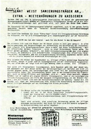 Flugschrift: Senat weist Sanierungsträger an, Extra-Mieterhöhungen zu kassieren 1983