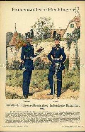 Uniformdarstellung, Feldwebel und Offizier des Infanterie-Bataillons, Reichsfürstentum Hohenzollern-Hechingen, 1849.