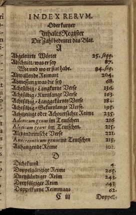 Index Rerum. Oder kurtzer Inhalts Register Die Zahl bedeutet das Blat.