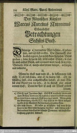 Des Römischen Käysers Marcus Aurelius Antoninus Erbaulicher Betrachtungen Sechstes Buch