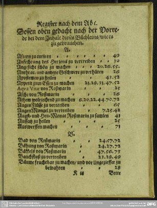 Register nach dem Abc. Dessen oben gedacht nach der Vorrede bei dem Inhalt dieses Büchleins, wie es zu gebrauchen