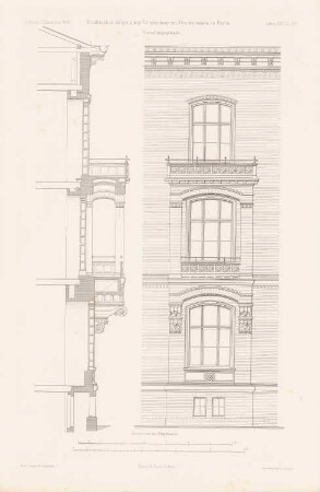 Städtisches Allgemeines Krankenhaus, Berlin-Friedrichshain: Detail, Fassadenschnitt vertikal Verwaltungsgebäude (aus: Atlas zur Zeitschrift für Bauwesen, hrsg. v. G. Erbkam, Jg. 25, 1875)