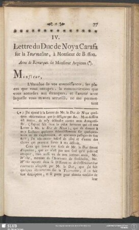 IV. Lettre du Duc de Noya Carafa sur la Tourmaline, à Monsieur de Buffon. Avec de Remarques de Monsieur Aepinus