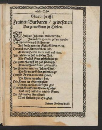 Grabschrifft Frawen Barbaren/...