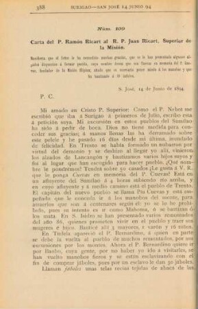 Núm. 109. Carta del P. Ramon Ricart al R. P. Juan Ricart, Superior de la Misión
