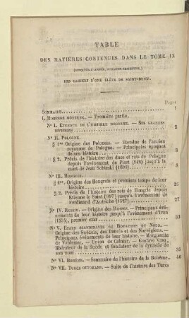 Table des matières contenues dans le tome IX