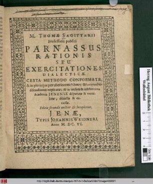 M. Thomae Sagittarii Professoris publici Parnassus Rationis Seu Exercitationes Dialecticae : Certa Methodo Conformatae ... & in inclyta & celeberrima Academia Ienense disputatae & ventilatae, discussae & excussae