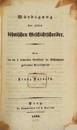 Würdigung der alten böhmischen Geschichtschreiber