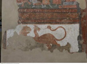 Wanddekoration mit Szenen aus dem Alten und Neuen Testament und Heiligendarstellungen, Sockelzone: Genreszenen (?), Chimäre