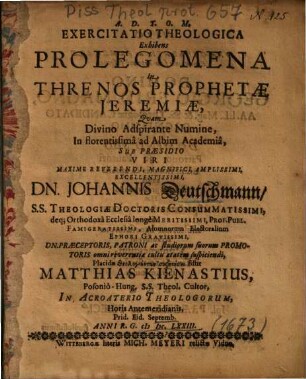 Exercitatio Theologica Exhibens Prolegomena In Threnos Prophetae Jeremiae