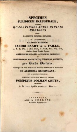 Specimen jurid. inaug. exhibens quaestiones juris civilis hodierni