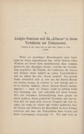V. Adolphe Crémieux und die "Alliance" in ihrem Verhältnis zur Freimaurerei.