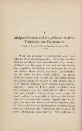 V. Adolphe Crémieux und die "Alliance" in ihrem Verhältnis zur Freimaurerei.