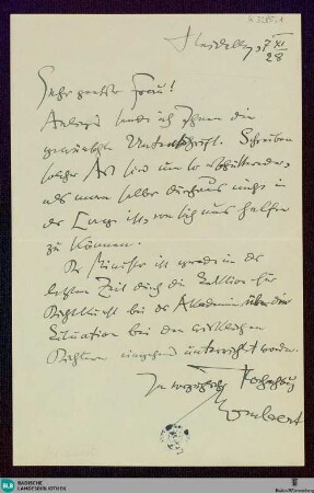 Brief von Alfred Mombert an Unbekannt vom 07.11.1928 - K 3285, 1