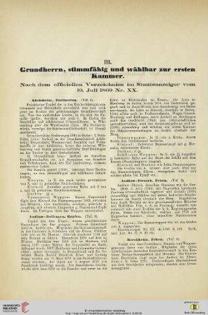 III. Grundherrn, stimmfähig und wählbar zur ersten Kammer