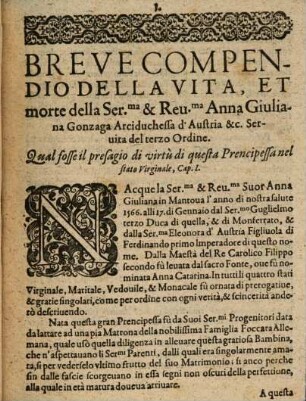 Breve Compendio della vita et morte della S. Anna Giuliana Gonzaga, Archiduchessa d'Austria