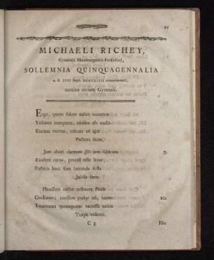 Michaeli Richey, Gymnasii Hamburgensis Professori, Sollemnia Quinquagennalia a. d. IIII Sept. MDCCLIIII concelebranti , nomine civium Gymnasii.