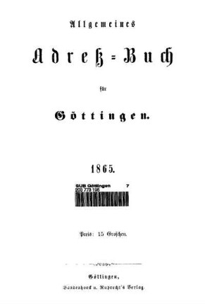 1865: Allgemeines Adressbuch für Göttingen